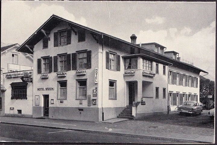 Klappkarte Buchs, Hotel Bären, Speisesaal, Außenansicht, Bergkristall Börse, ungelaufen