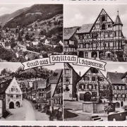 AK Schiltach, Drogerie, Restaurant zum Adler, Gasthaus zur Sonne, Brunnen, gelaufen 1957