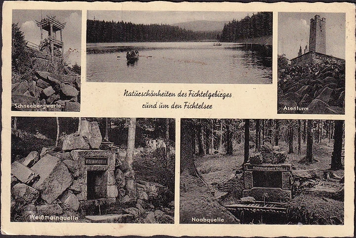 AK Fichtelberg, Fichtelsee, Schneebergwarte, Asenturm, Weissmainquelle, Naabquelle, gelaufen 1952