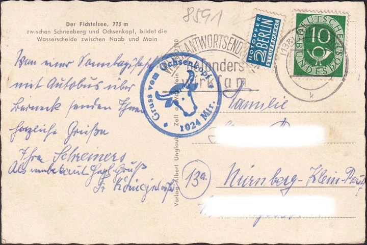 AK Fichtelberg, Fichtelsee, Schneebergwarte, Asenturm, Weissmainquelle, Naabquelle, gelaufen 1952