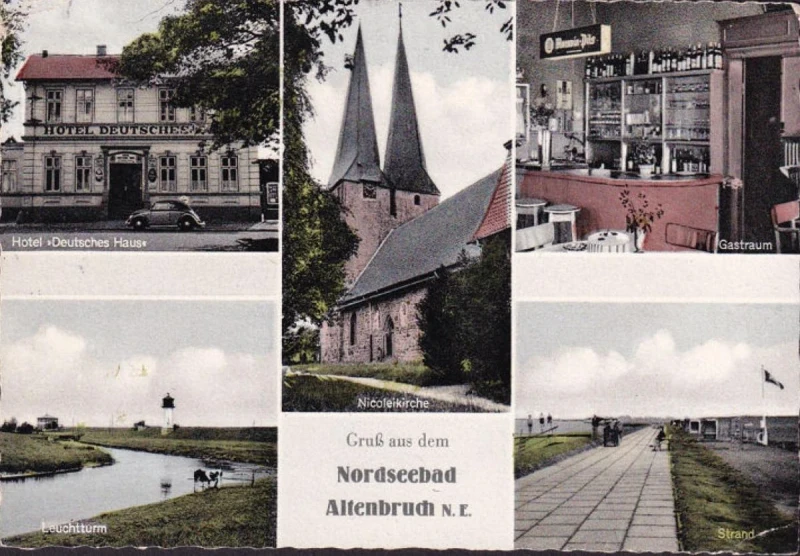 AK Altenbruch, Hotel Deutsches Haus, Gastraum, Nikolaikirche, Leuchtturm, gelaufen 1959