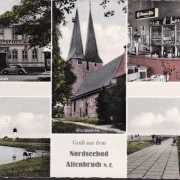 AK Altenbruch, Hotel Deutsches Haus, Gastraum, Nikolaikirche, Leuchtturm, gelaufen 1959