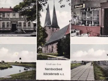 AK Altenbruch, Hotel Deutsches Haus, Gastraum, Nikolaikirche, Leuchtturm, gelaufen 1959