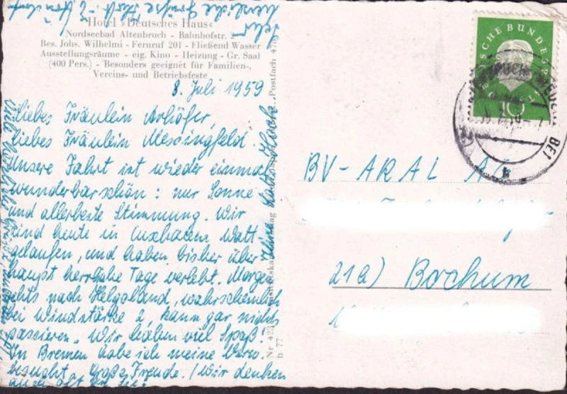 AK Altenbruch, Hotel Deutsches Haus, Gastraum, Nikolaikirche, Leuchtturm, gelaufen 1959