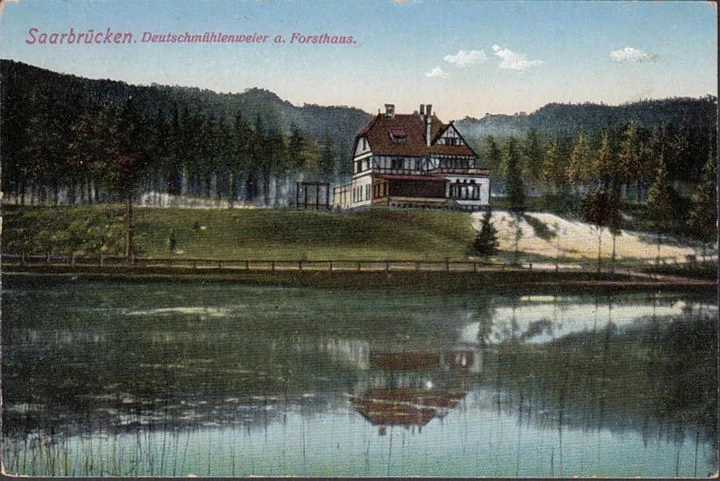 AK Saarbrücken, Deutschmühlenweiher am Forsthaus, gelaufen 1913