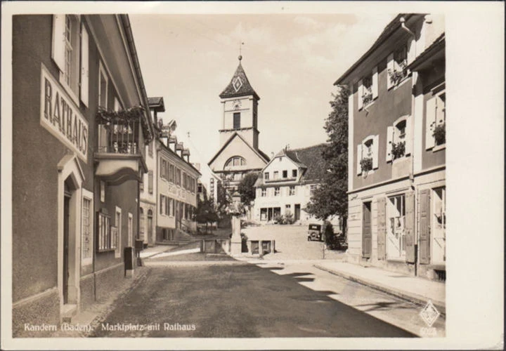 AK Kandern, Apotheke, Restaurant, Rathaus, Marktplatz, gelaufen 1937