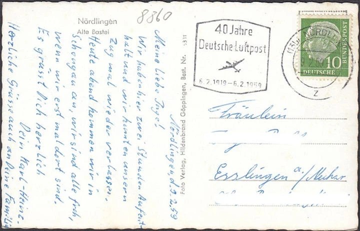 AK Nördlingen, Alte Bastei, gelaufen 1959