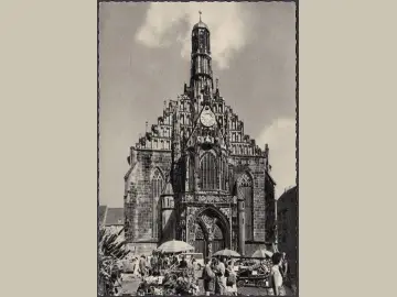 AK Nürnberg, Die Frauenkirche, Marktstände, gelaufen 1959