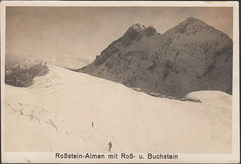 AK Roßstein Almen, Roß und Buchstein, Skifahrer, gelaufen 1925