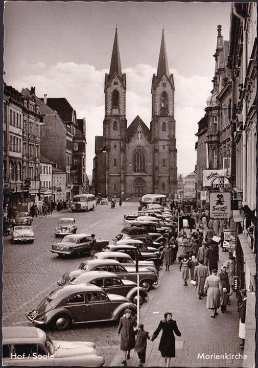 AK Hof an der Saale, Marienkirche, Sarotti, VW Käfer, Bayer, Bus, gelaufen 1963