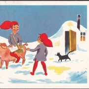 AK Glaedelig Jul, Zwerg mit Schwein als Postbote, gelaufen 1956