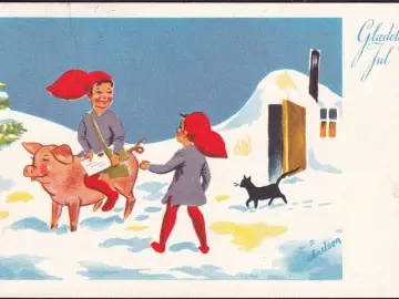 AK Glaedelig Jul, Zwerg mit Schwein als Postbote, gelaufen 1956