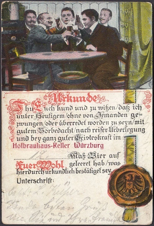 AK Würzburg, Hofbrauhaus Keller, Urkunde, gelaufen 1906