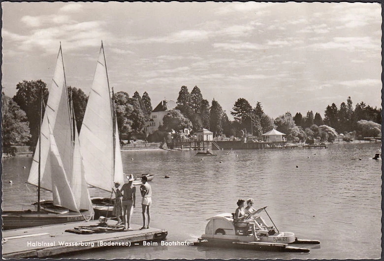 AK Wasserburg, Bootshafen, Segel und Tretboote, gelaufen 1962