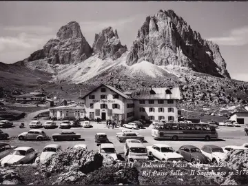 AK Bozen, Sellajochhaus, Rifugio Passo Sella, Reisebus, VW Käfer, gelaufen 1967