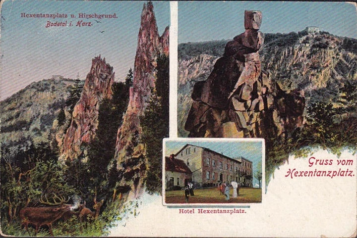 AK Gruss vom Hexentanzplatz, Hotel Hexentanzplatz, Hirschgrund, gelaufen 1913