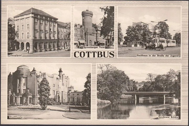 AK Cottbus, Hochhaus, Straßenbahn, Post, Theater, ungelaufen