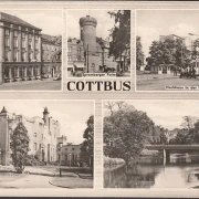 AK Cottbus, Hochhaus, Straßenbahn, Post, Theater, ungelaufen