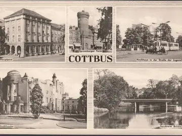 AK Cottbus, Hochhaus, Straßenbahn, Post, Theater, ungelaufen