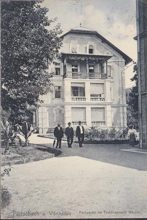 AK Pörtschach, Parkpartie im Etablissement Werzer, gelaufen 1906