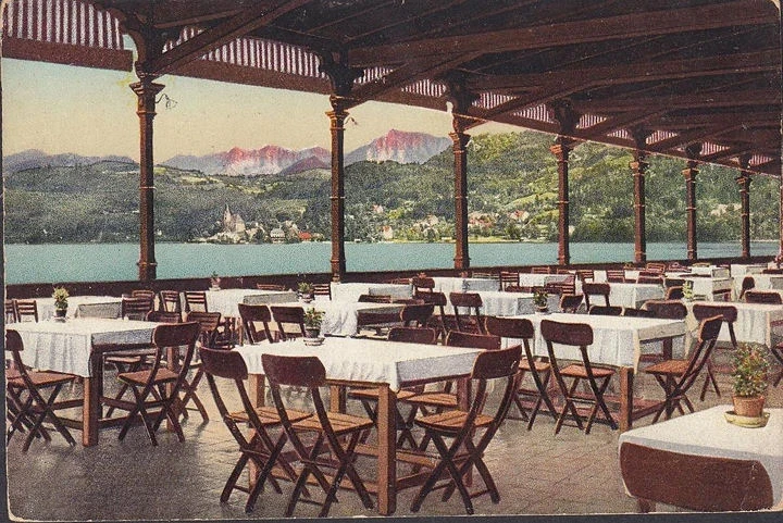 AK Pörtschach, Etablissement Wahliss, Terrasse, Blick auf Maria Wörth, ungelaufen