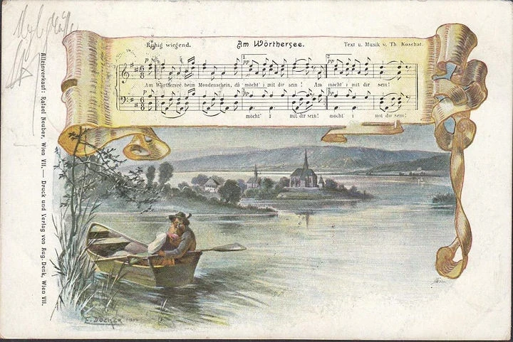 AK Am Wörthersee, Ruhig wiegend, Liederkarte, gelaufen 1899