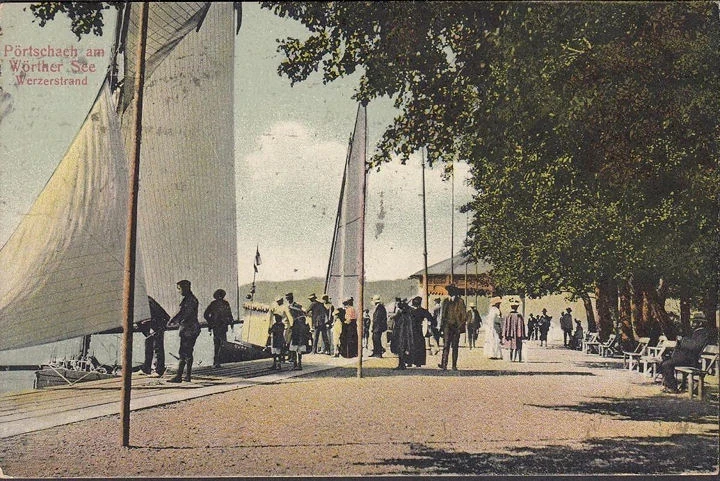 AK Pörtschach, Werzerstrand, Promenade, Segelboote, gelaufen 1913