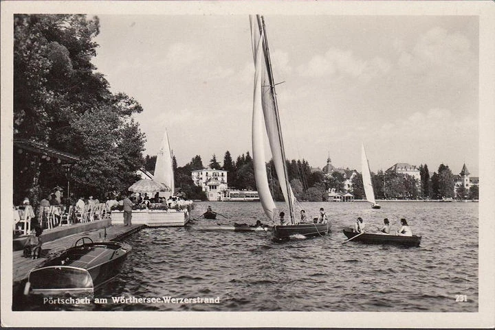 AK Pörtschach, Werzerstrand, Segelboote, Promenade, gelaufen 1953