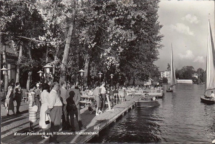 AK Pörtschach, Werzerstrand, Bootshaus, Promenade, gelaufen 1960