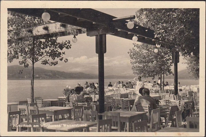 AK Pörtschach, Restaurant, Terrasse, Werzerstrand, gelaufen 1941