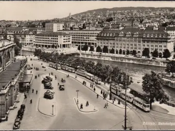 AK Zürich, Bahnhofquai, Straßenbahn, Zensurstempel, gelaufen 1948