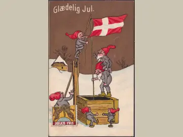 AK Dänemark, Glaedelig Jul, Zwerge hissen Flagge, Julen 1918, gelaufen 1918