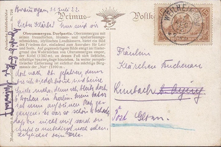 AK Oberammergau, Dorfpartie, Dt. Reich Mi.Nr. 114b, gelaufen 1922