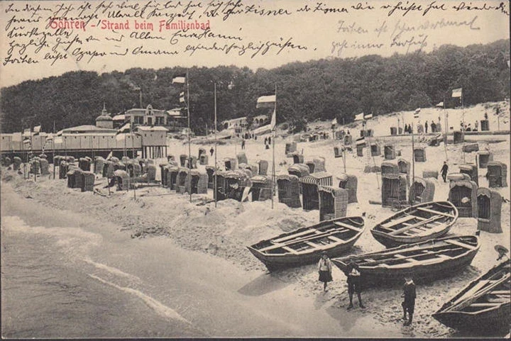 AK Göhren, Strand beim Familienbad, Ruderboote, Strandkörbe, gelaufen 1911