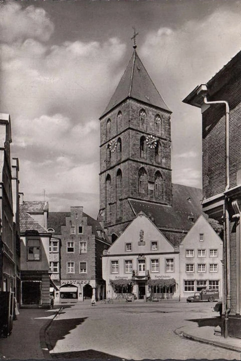 AK Rheine, Durchblick zum Markt, Apotheke, Restaurant, gelaufen 1959