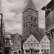 AK Rheine, Durchblick zum Markt, Apotheke, Restaurant, gelaufen 1959