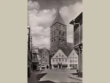 AK Rheine, Durchblick zum Markt, Apotheke, Restaurant, gelaufen 1959