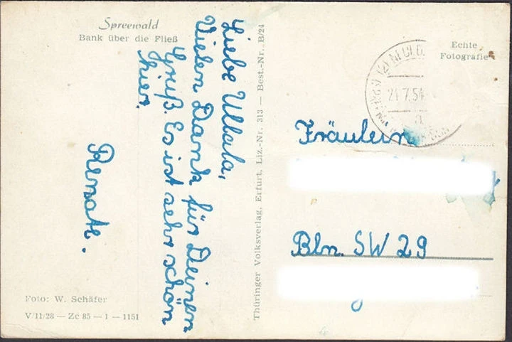 AK Spreewald, Bank über die Fließ, gelaufen 1954