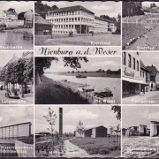 AK Nienburg, Kreishaus, Stadtbad, Langestraße, Georgstraße, Sperrwerk, gelaufen 1959