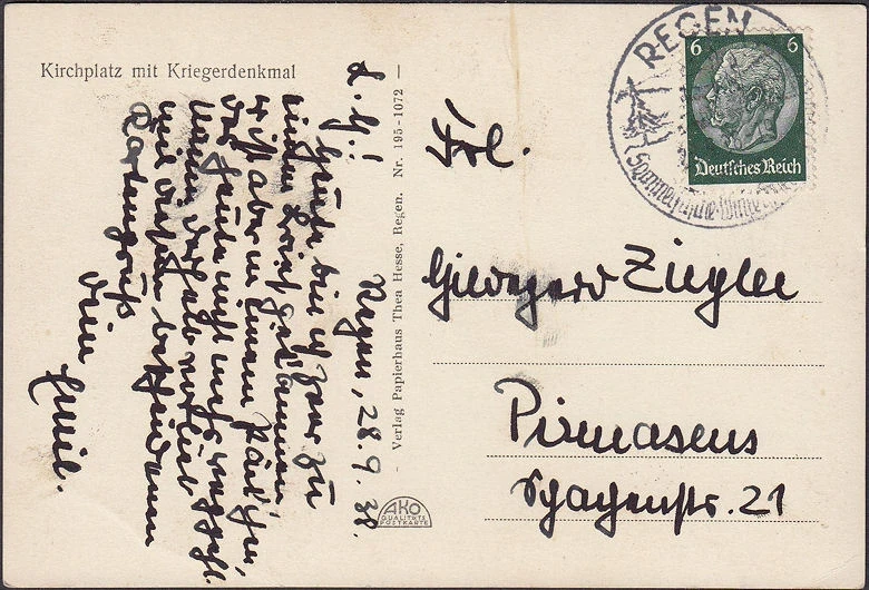 AK Regen, Kirchplatz, Kriegerdenkmal, Papierhaus Hesse, gelaufen 1938