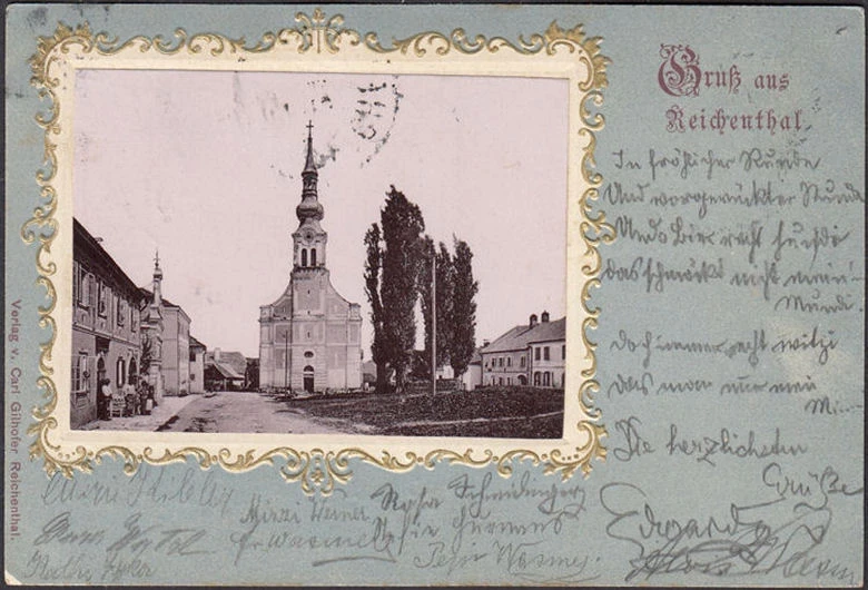 AK Gruss aus Reichenthal, Straßenansicht mit Kirche, Passepartout, gelaufen 1902