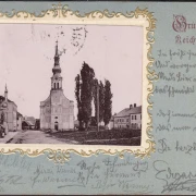 AK Gruss aus Reichenthal, Straßenansicht mit Kirche, Passepartout, gelaufen 1902