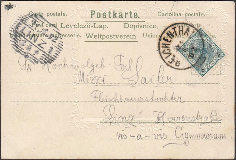 AK Gruss aus Reichenthal, Straßenansicht mit Kirche, Passepartout, gelaufen 1902