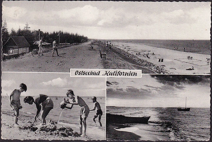 AK Kalifornien, Ostseebad, Deich, Strandgäste, Strand, gelaufen 1956