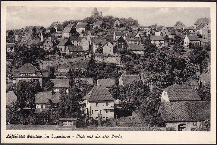 AK Warstein, Stadtansicht, Alte Kirche, Bahnpost, gelaufen 1952