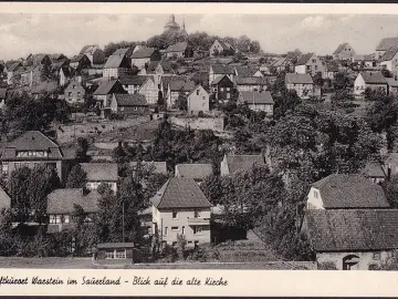 AK Warstein, Stadtansicht, Alte Kirche, Bahnpost, gelaufen 1952