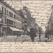 AK St. Johann an der Saar, Obere Bahnhofstraße, Cigarres, Straßenbahn, gelaufen 1905