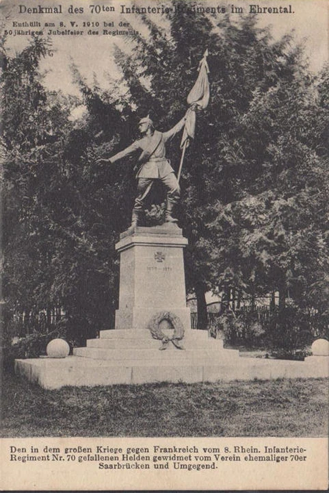 AK Saarbrücken, Denkmal des 70. Inganterie Regiments im Ehrental, gelaufen 1916