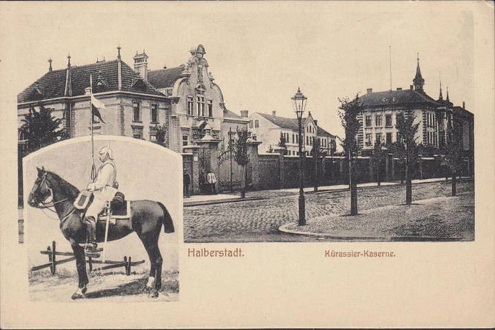 AK Halberstadt, Kürassier Kaserne, Reiter, ungelaufen-datiert 1916