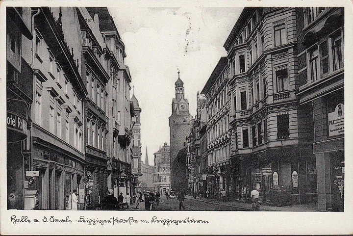 AK Halle (Saale), Leipziger Straße, Leipziger Turm, Hotel, gelaufen 1938